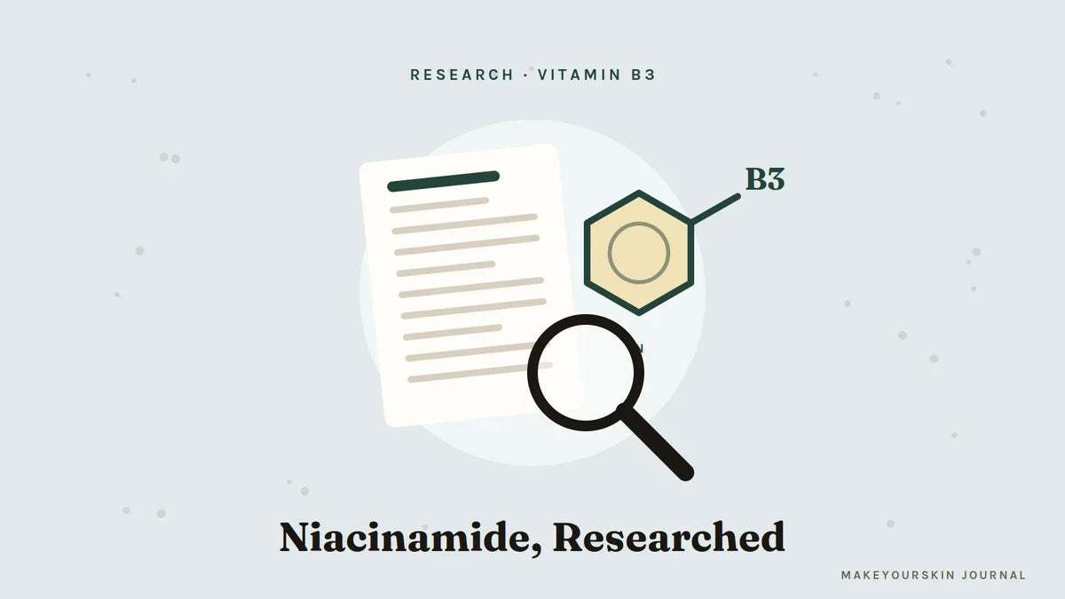 Illustration of a research paper, a magnifying glass and the vitamin B3 niacinamide ring — MakeYourSkin Journal